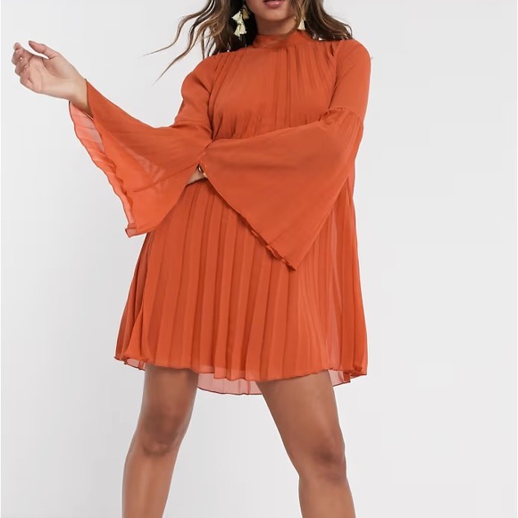 New! ASOS DESIGN Size 8 Rust Red Pleated Fluted Sleeve Mini Trapeze Swing Dress - Picture 1 of 12